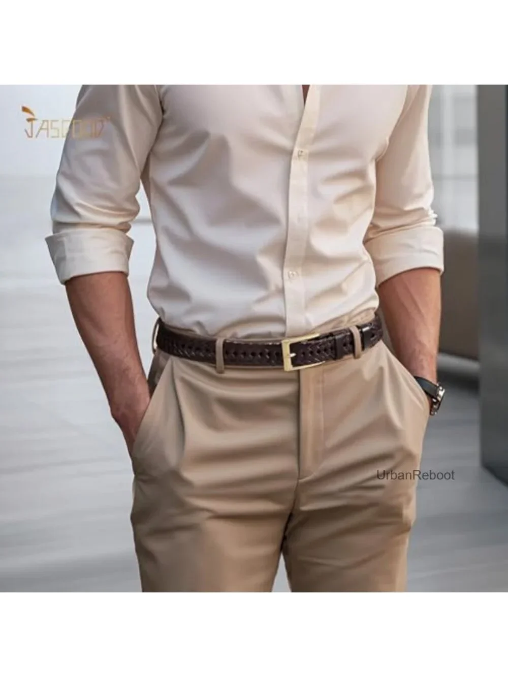 Braided Leather Belt for Men with Solid Strap Single Prong Buckle